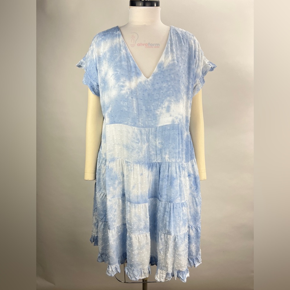 💚2718. Blue Tie-Dye Print Swiss Dot Tiered Dress